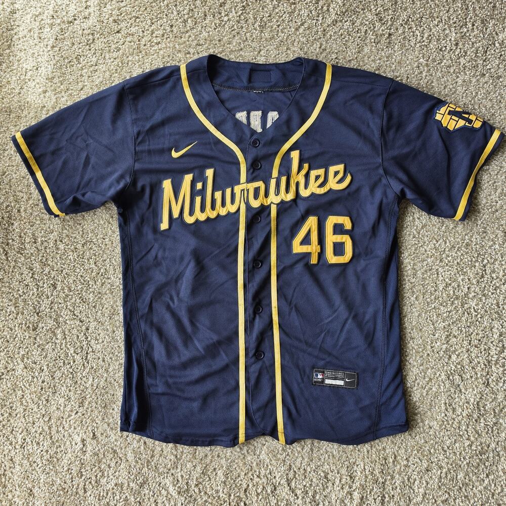 Nike Adult Navy Milwaukee Brewers Jersey Sz L XL, Let's Go Brandon #46